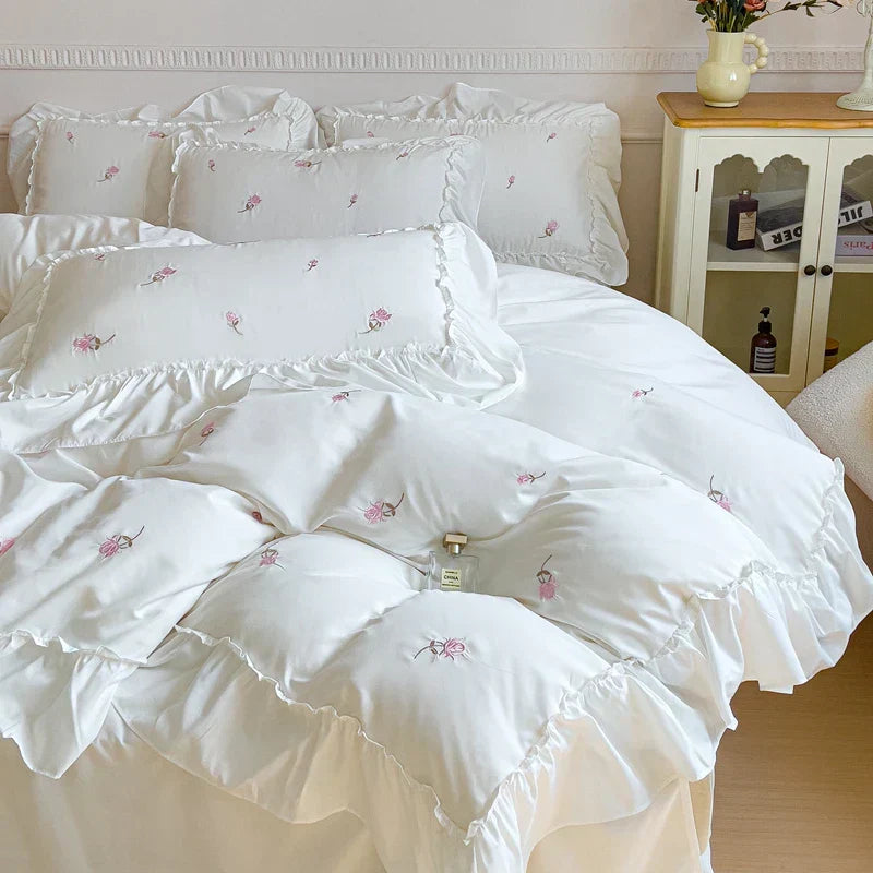 DecorBites™ Korean Princess Rose Flowers Lace Ruffles Bedding Set - Soft Cotton Duvet Cover