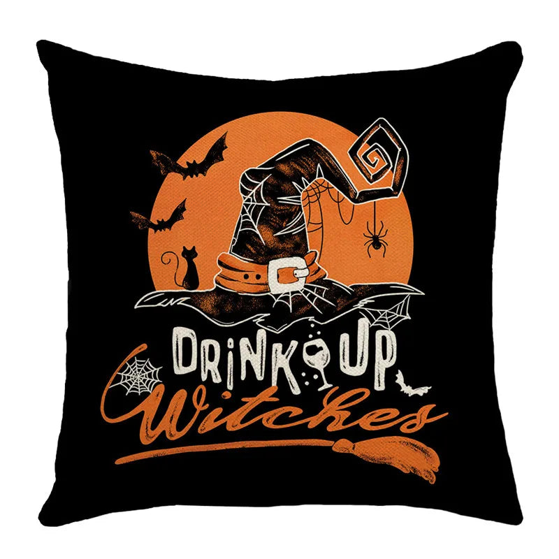 DecorBites™ Halloween Pillowcase Set - Festive Sofa Cushion Covers with Pumpkin Cat Witch Hat Print.