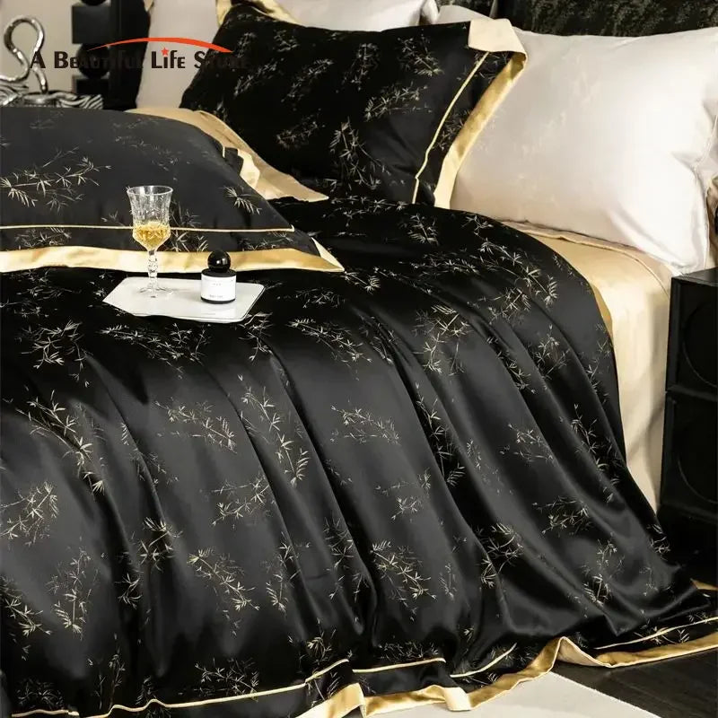 DecorBites™ Luxe Eucalyptus Bedding Set in Black/Gold - Silky Soft & Skin-friendly