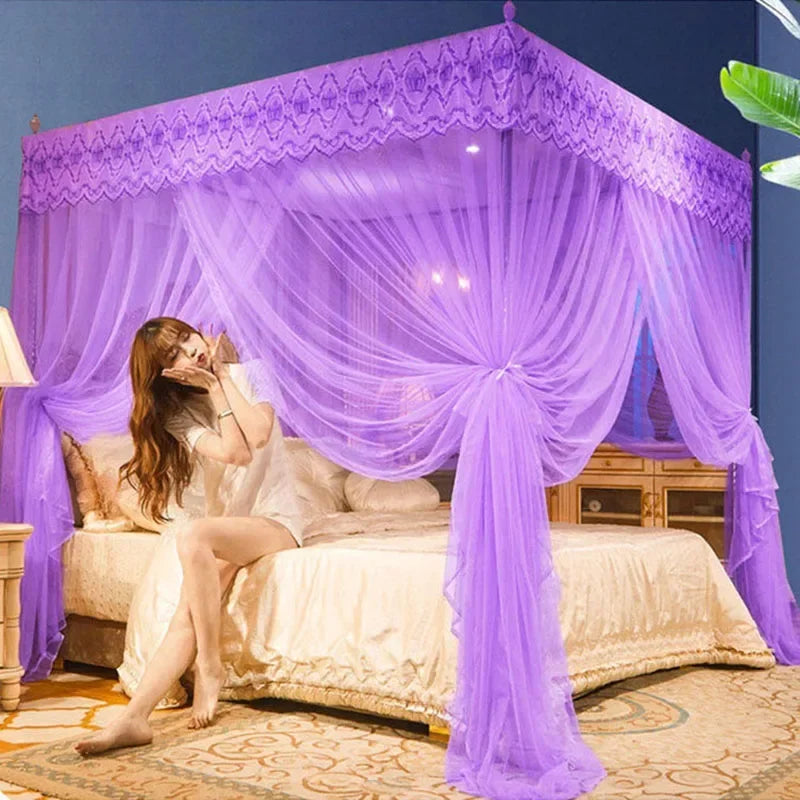 DecorBites™ Lace Pleated Queen Bed Net Canopy with Stainless Steel Bracket