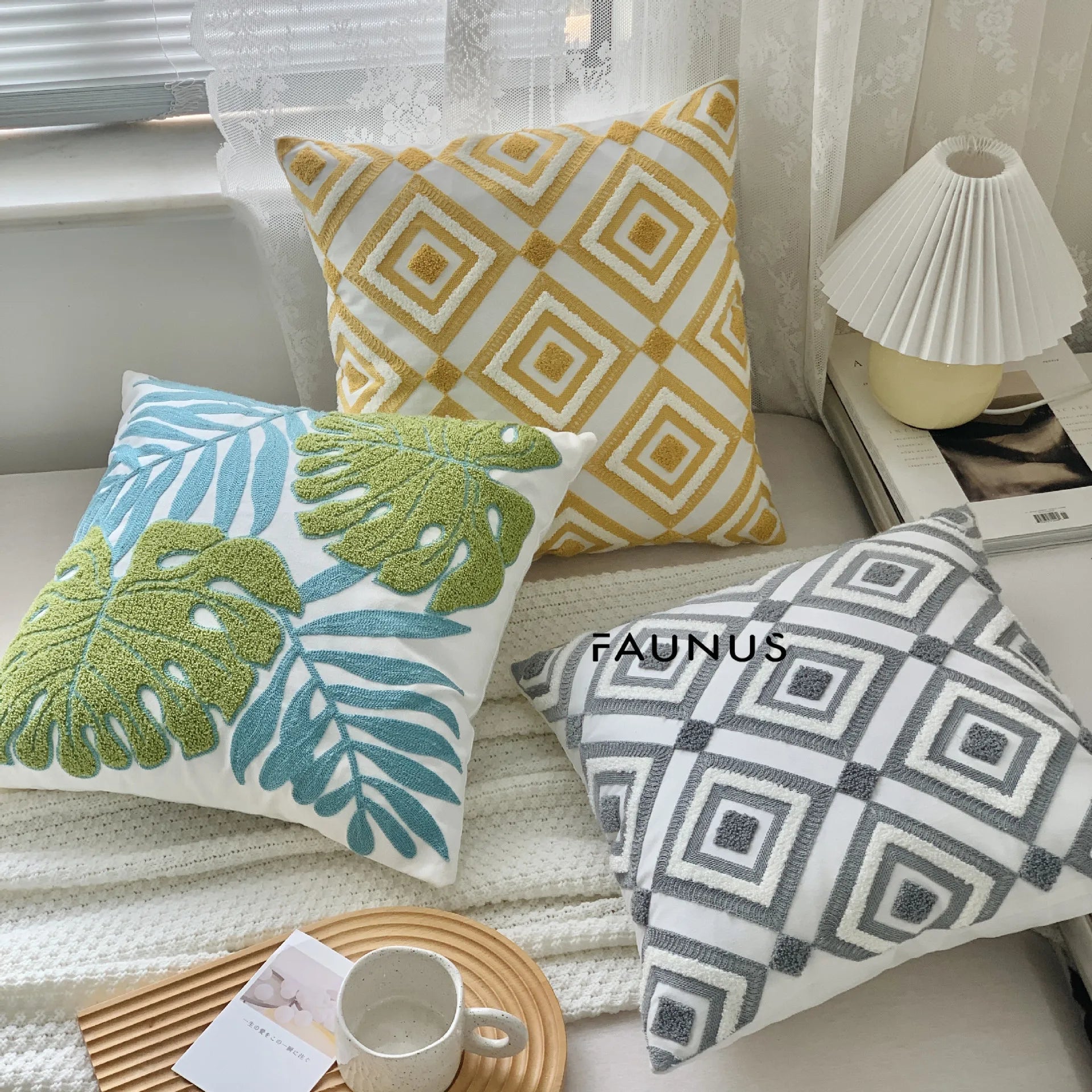 DecorBites™ Leaf Embroidered Cotton Cushion Cover Set - Home Decor Pillow Covers 45x45