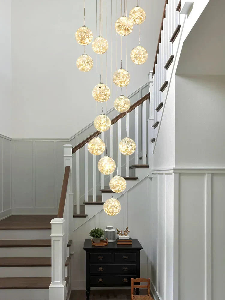 DecorBites™ Gold LED Glass Chandelier: Minimalist Round Ball Staircase Lighting Fixtures