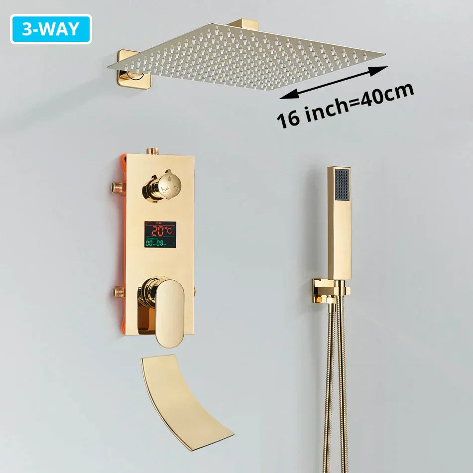 DecorBites™ Gold Digital Display Shower Set with Rainfall Head - Waterfall Bath Shower System