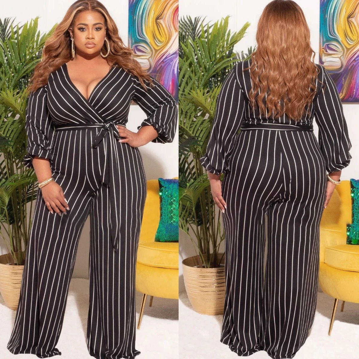 Women's Placement Print Striped Plus Size V-Neck Jumpsuit