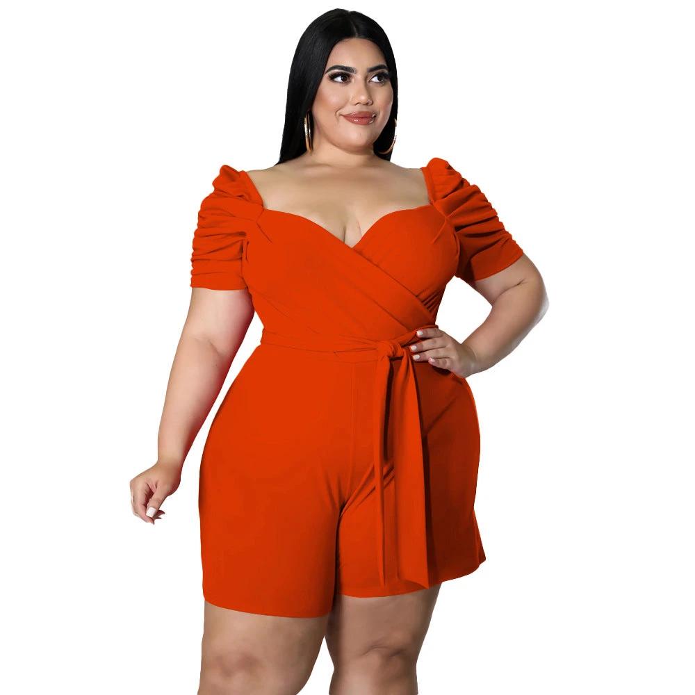 Women's Casual Fashionable And Sexy Solid-Colored Belted Jumpsuit In Plus Sizes
