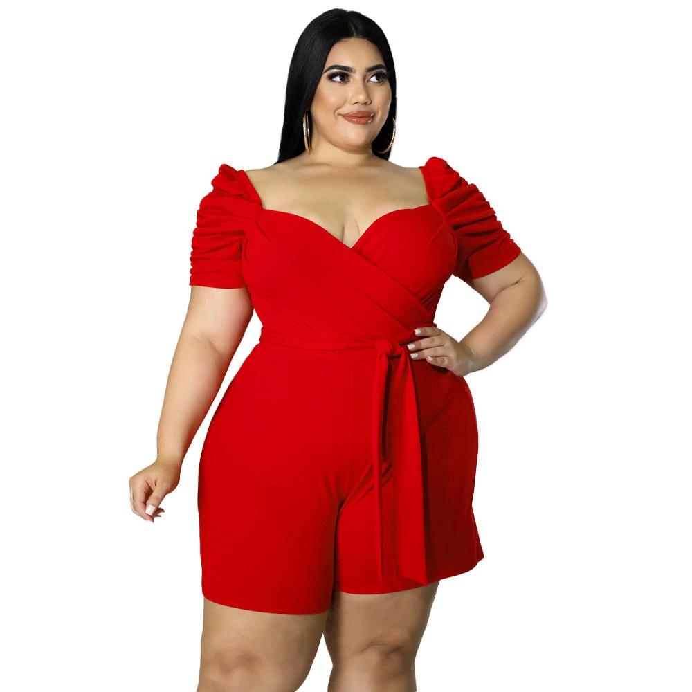 Women's Casual Fashionable And Sexy Solid-Colored Belted Jumpsuit In Plus Sizes