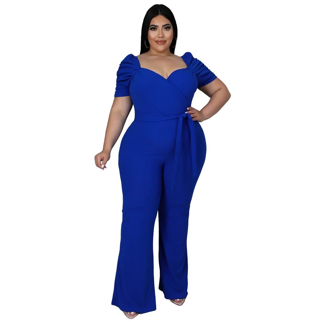 Women's Plus-Size Stand Collar Ruffle Sleeve High-Waist Jumpsuit Wide-Leg Pants