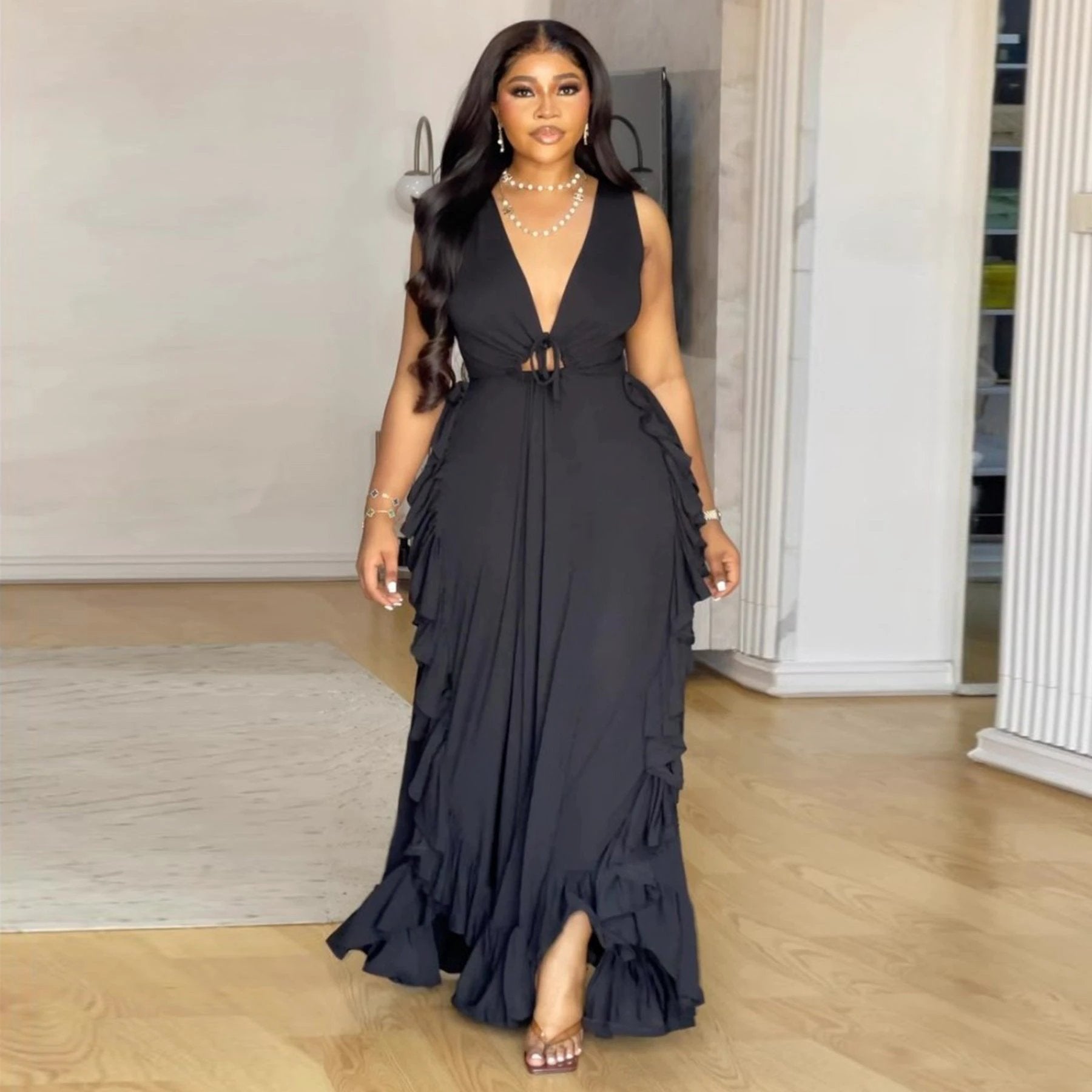 Ruffled High Waist Crop-top Spaghetti-strap Plus Size Dress