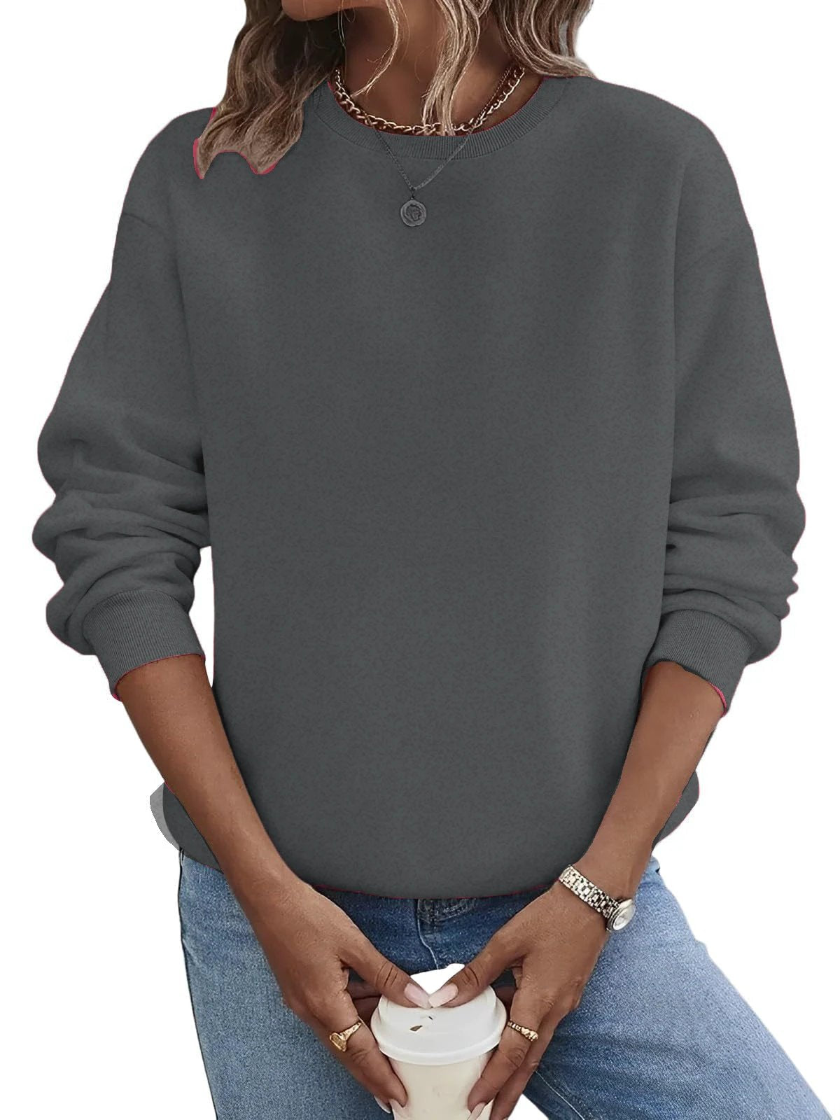 Solid Color Blank Round Neck Plus Size Fashion Sweater