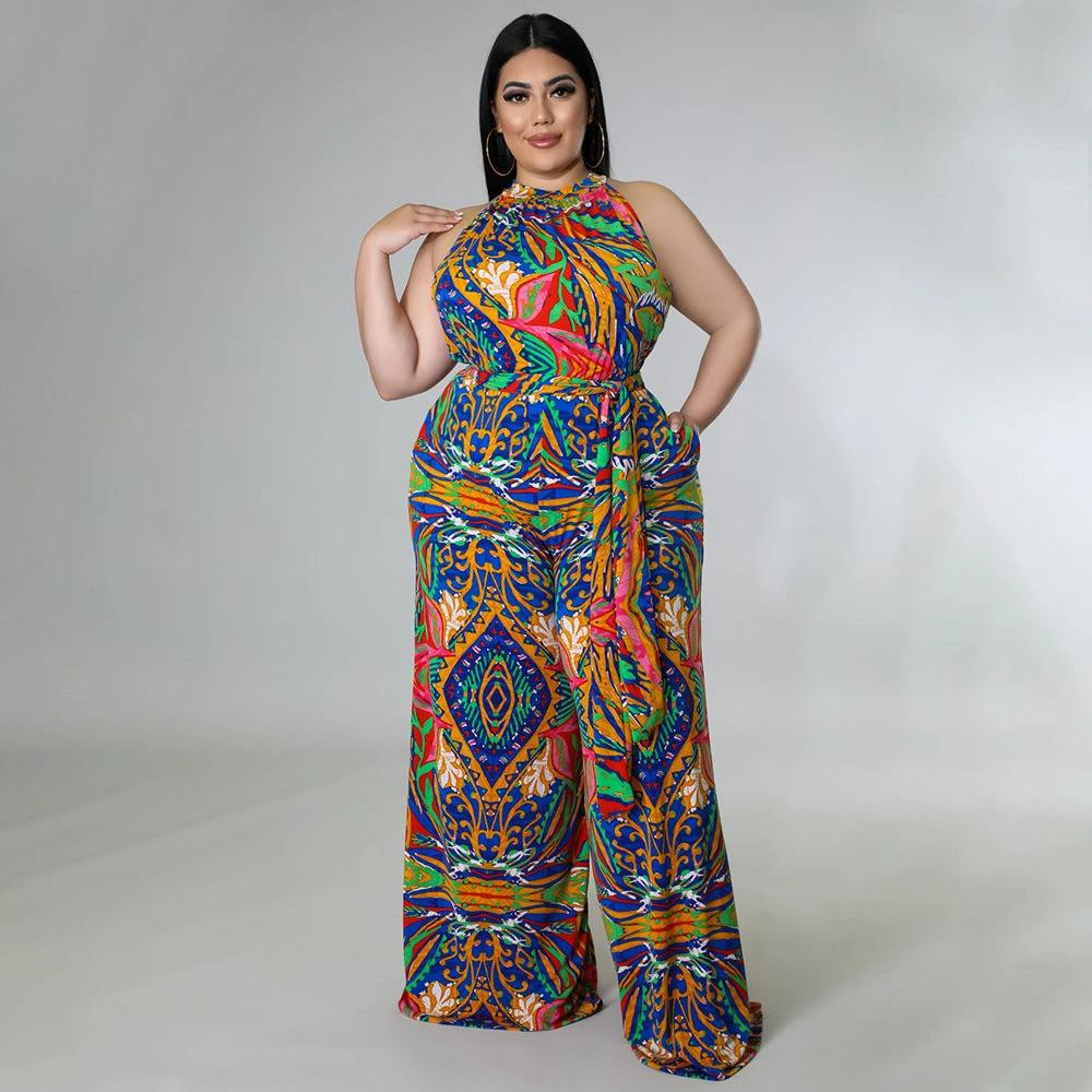 Women's Casual Halter neck Printed Jumpsuit With Belt Plus Size
