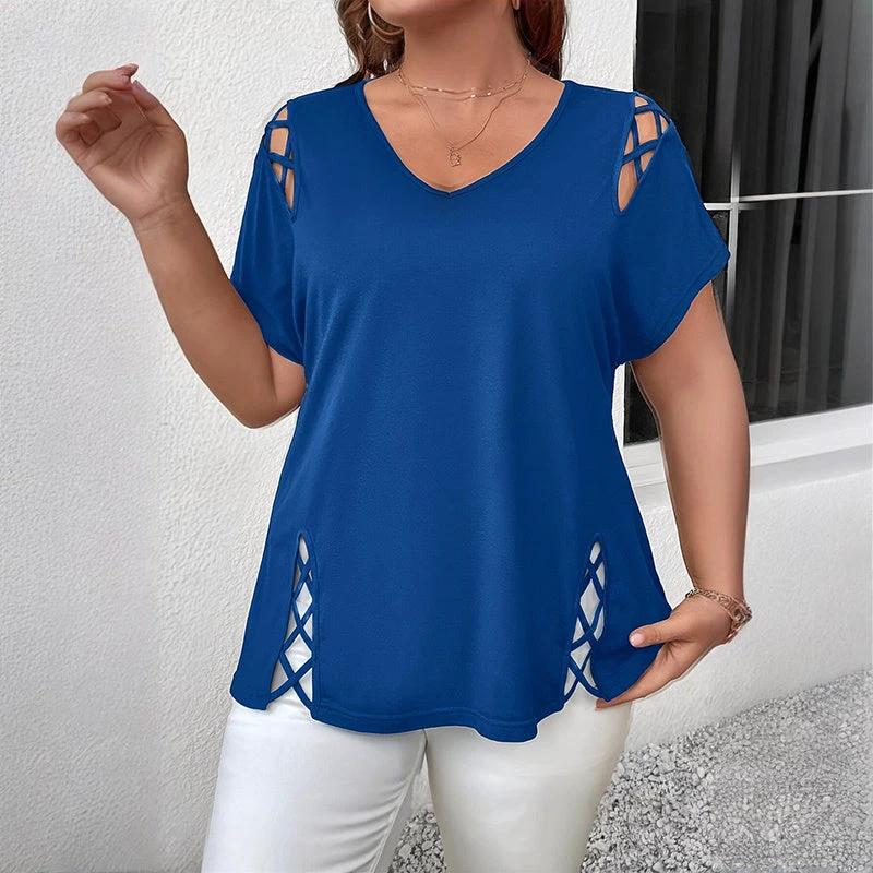 Women's Plus Size Criss Cross Short Sleeve V Neck T-Shirt Tops