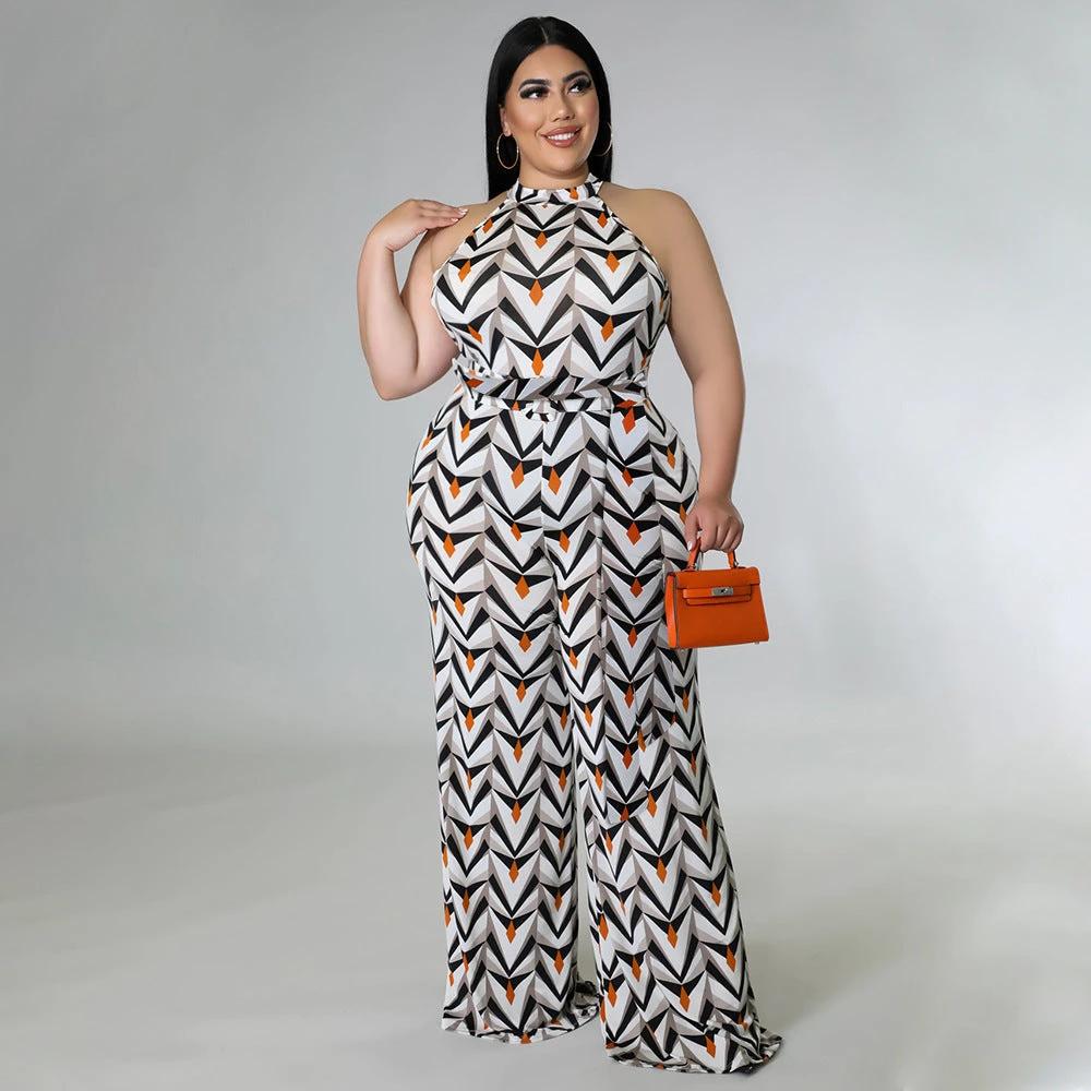Women's Casual Halter neck Printed Jumpsuit With Belt Plus Size