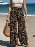 Women's Plus Size Leopard Print Wide Leg Pants - Elastic Waist, Loose Fit Casual Straight Leg Trousers For Spring Summer Fall, Lightweight Polyester Blend, Perfect For Beach Or Outdoor Outings