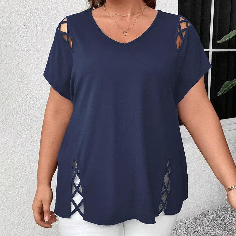 Women's Plus Size Criss Cross Short Sleeve V Neck T-Shirt Tops