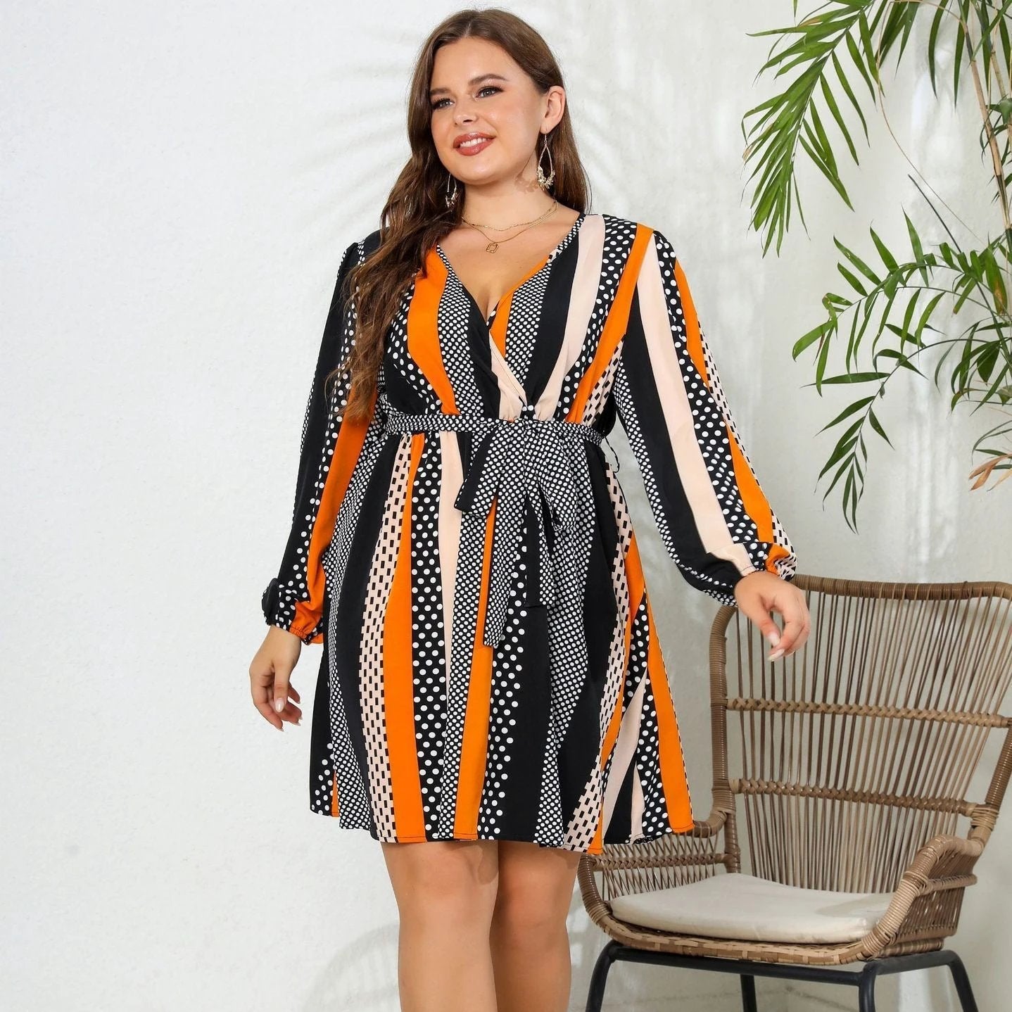 V-neck Lace-up Plus Size Dress