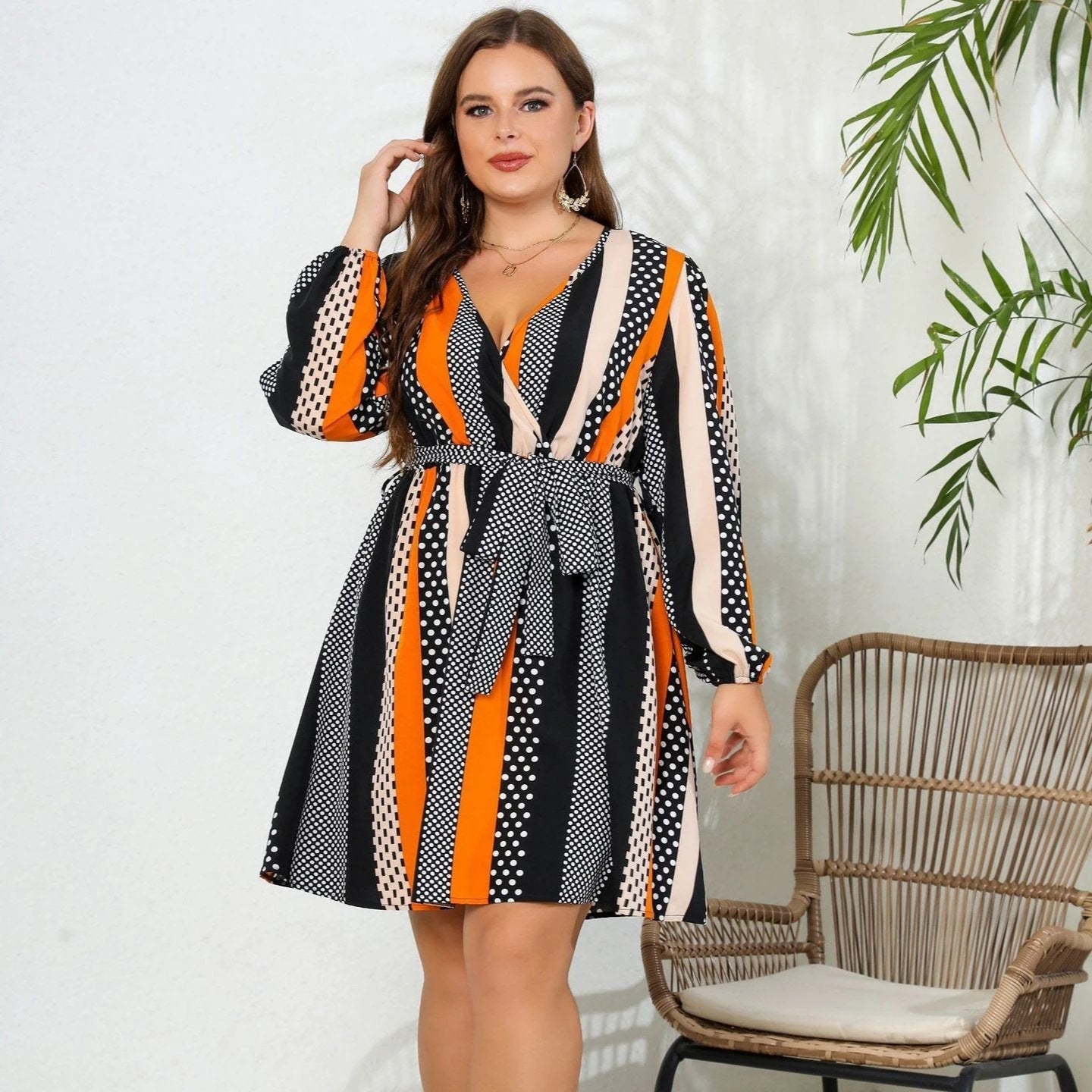 V-neck Lace-up Plus Size Dress