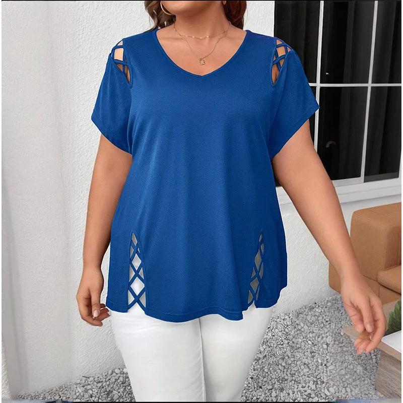 Women's Plus Size Criss Cross Short Sleeve V Neck T-Shirt Tops