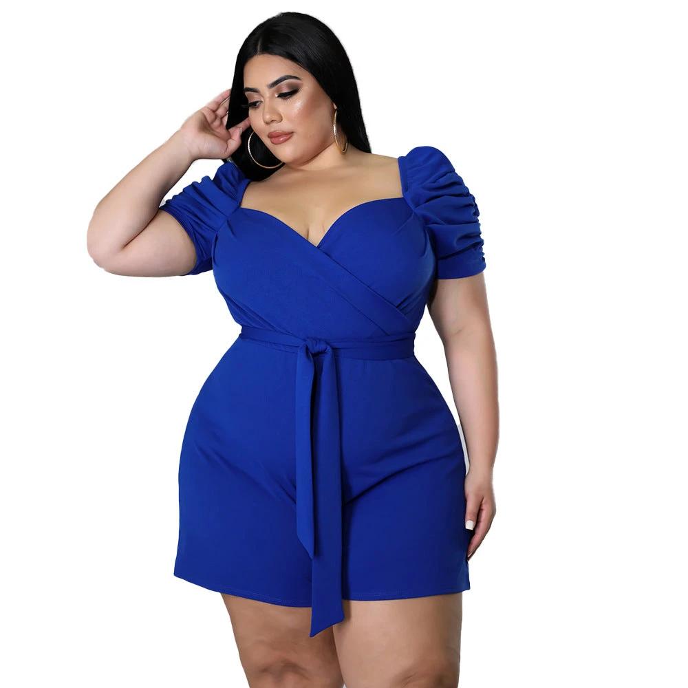 Women's Casual Fashionable And Sexy Solid-Colored Belted Jumpsuit In Plus Sizes