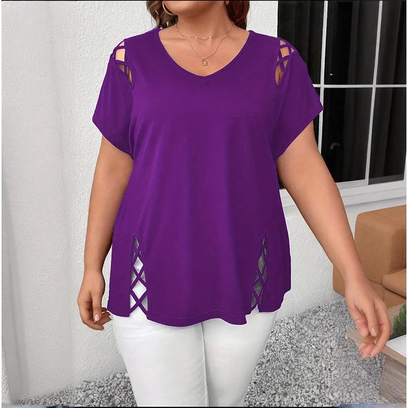 Women's Plus Size Criss Cross Short Sleeve V Neck T-Shirt Tops