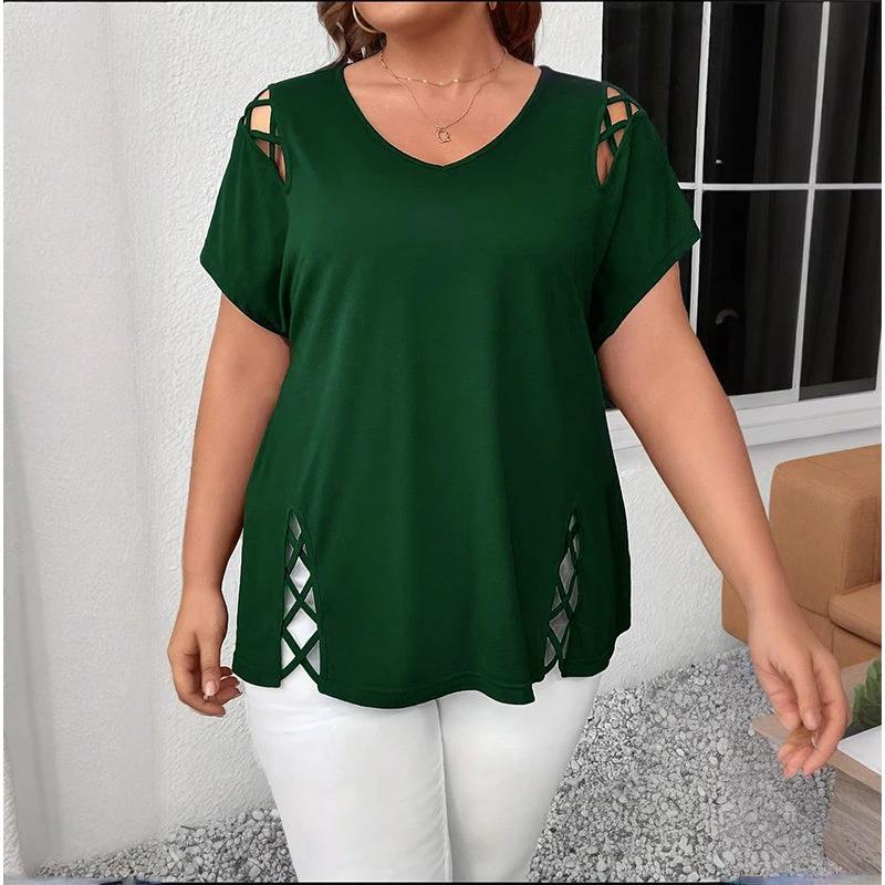Women's Plus Size Criss Cross Short Sleeve V Neck T-Shirt Tops