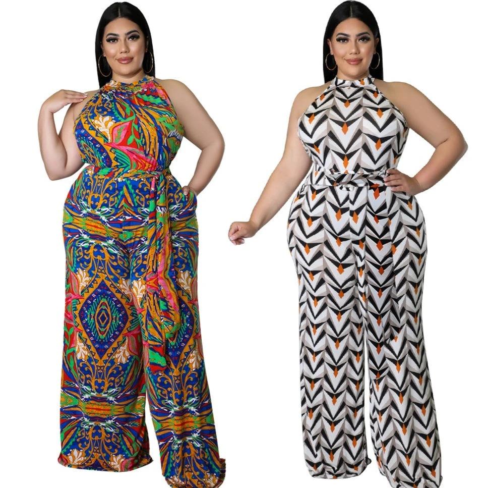 Women's Casual Halter neck Printed Jumpsuit With Belt Plus Size